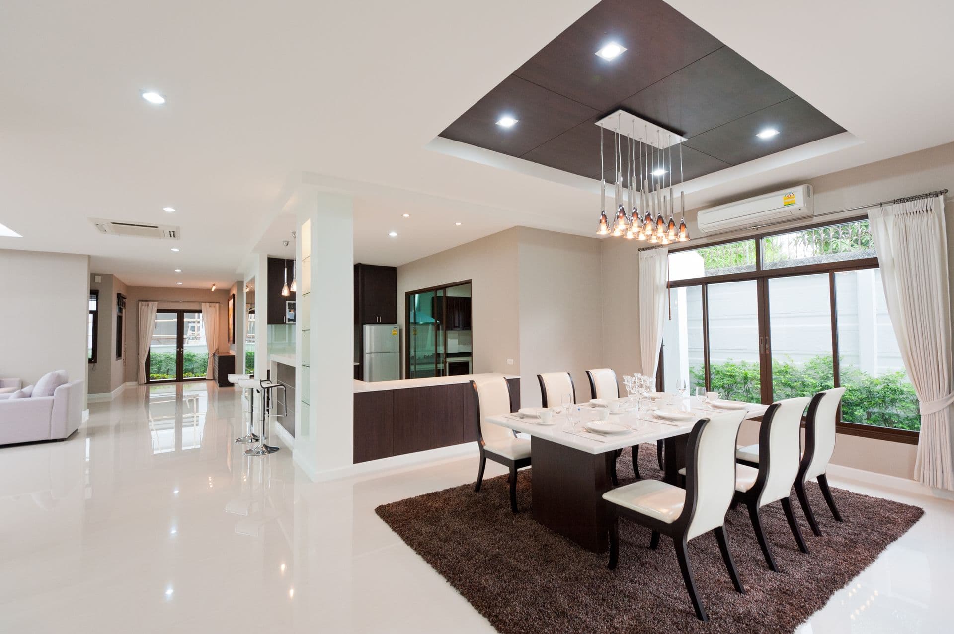 Clean home interior dining room with sparkling floor